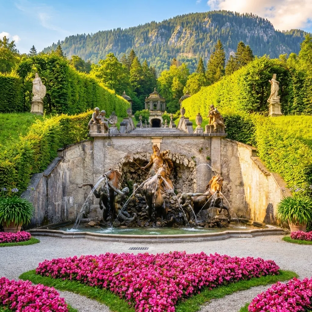 Linderhof Palace gardens and fountain